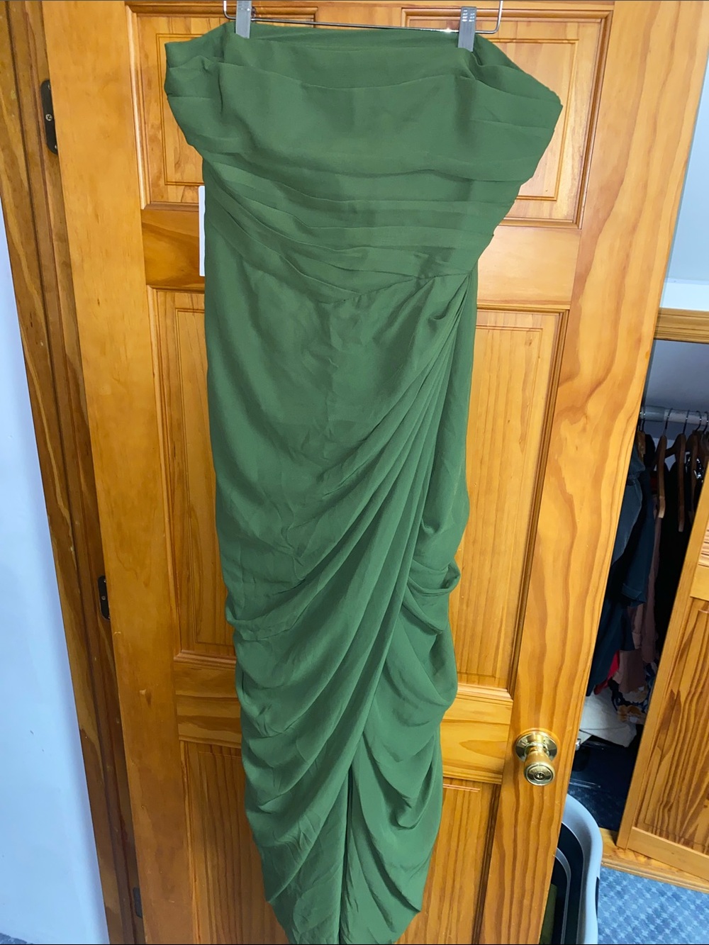 Green Strapless Draped Evening Dress
